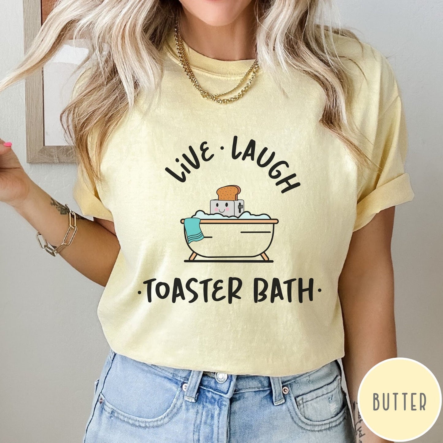 Comfort Colors tee in Butter featuring cute graphic style of a smiling toaster sitting in a bathtub