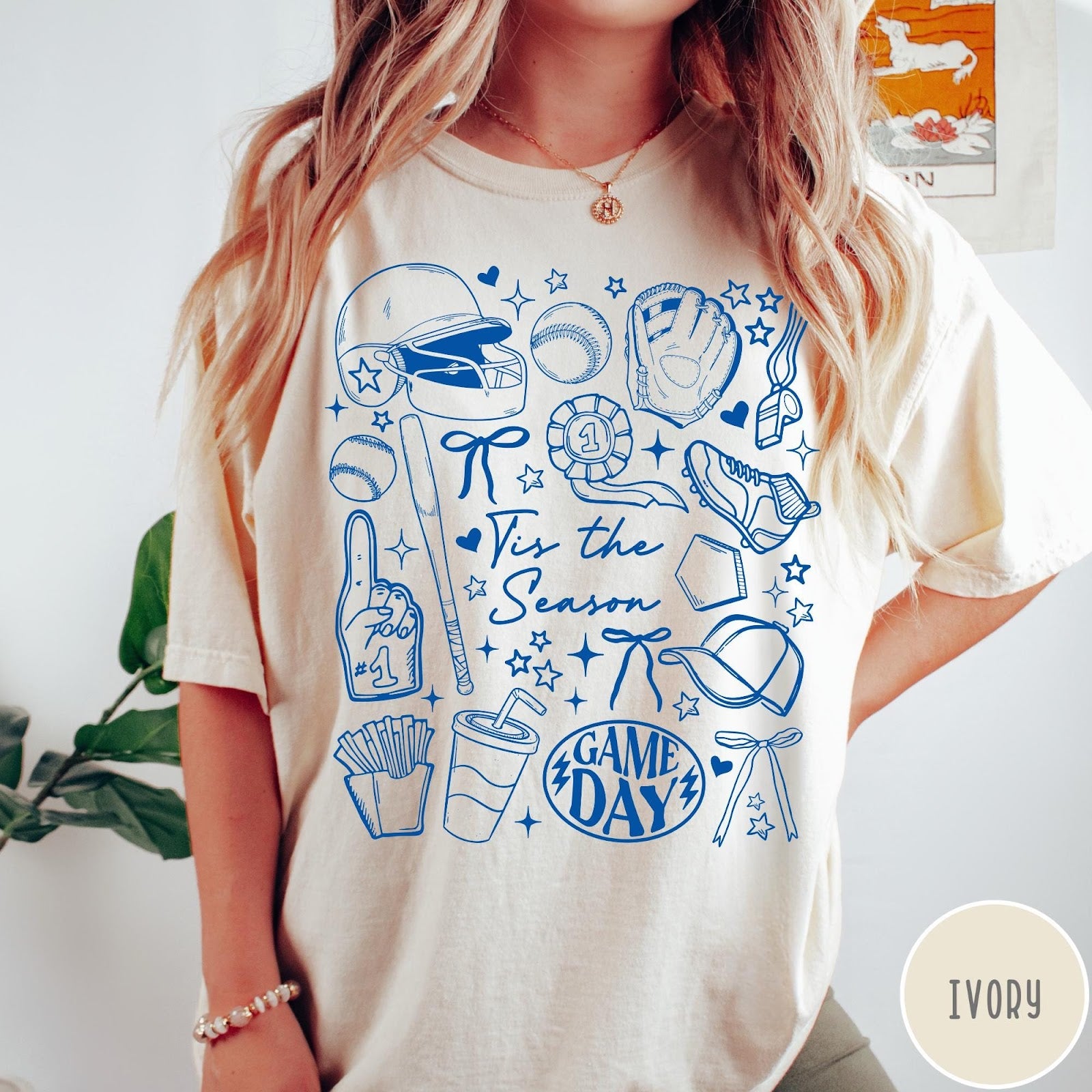 Comfort Colors tee in Ivory featuring baseball game day graphic with bat, helmet, and game day text