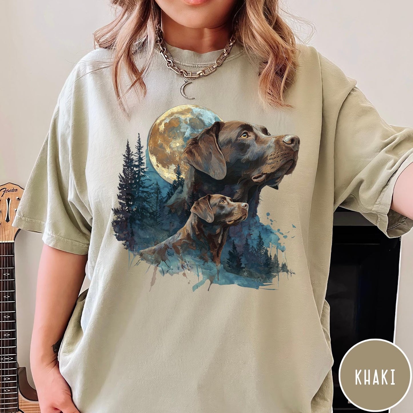Comfort Colors tee in Khaki featuring vintage style graphic of two Chocolate Labradors under a full moon