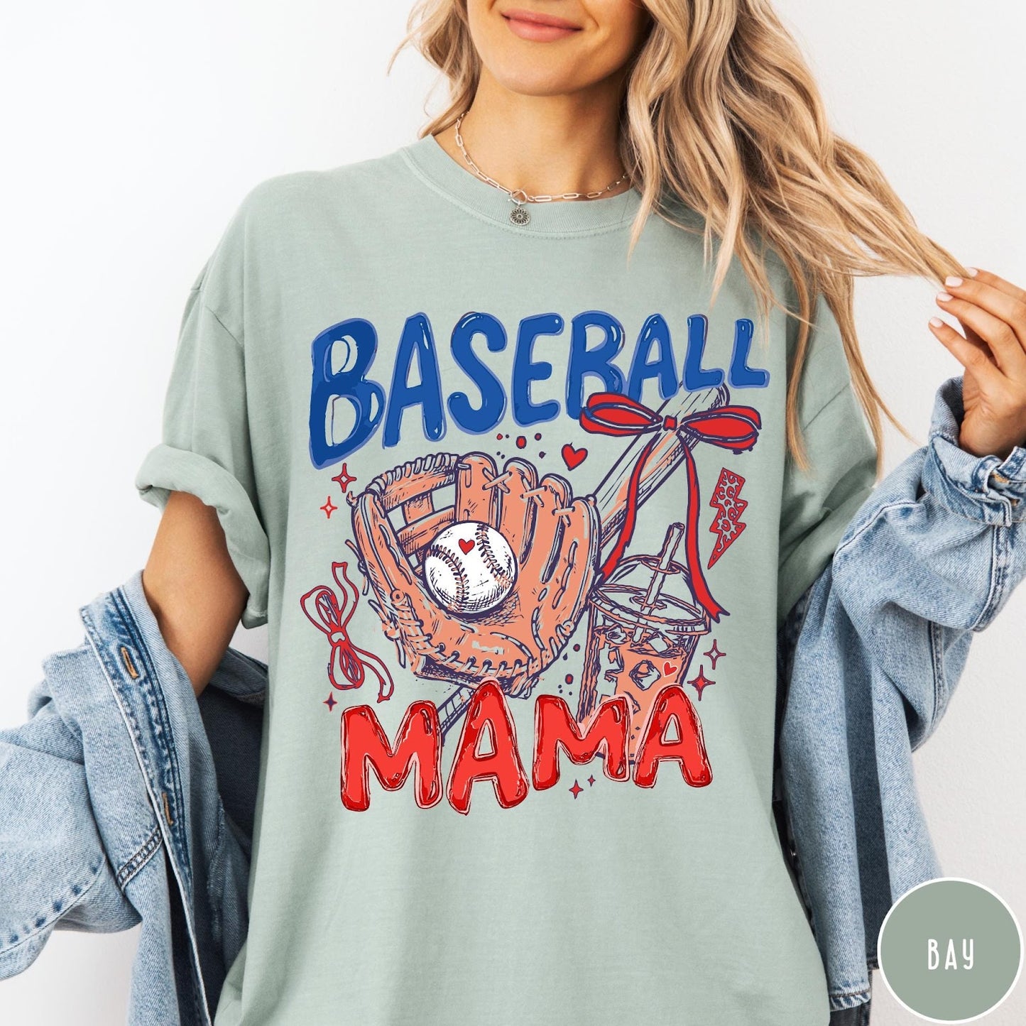 Comfort Colors tee in Bay featuring baseball graphic with glove, iced coffee, and red bows