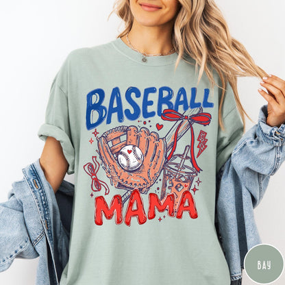 Comfort Colors tee in Bay featuring baseball graphic with glove, iced coffee, and red bows
