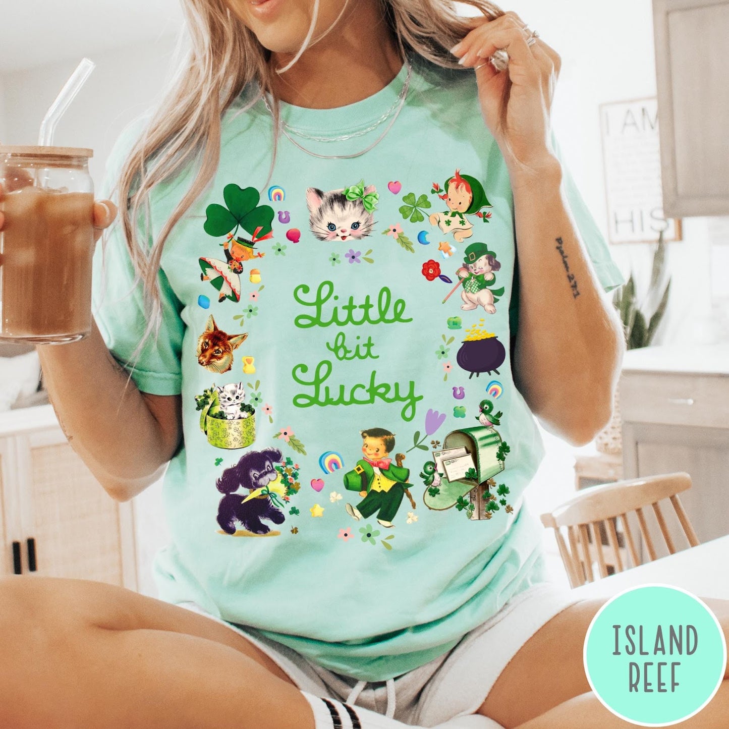 Comfort Colors tee in Island Reef featuring St. Patrick's Day collage with kittens, leprechauns, and festive holiday icons