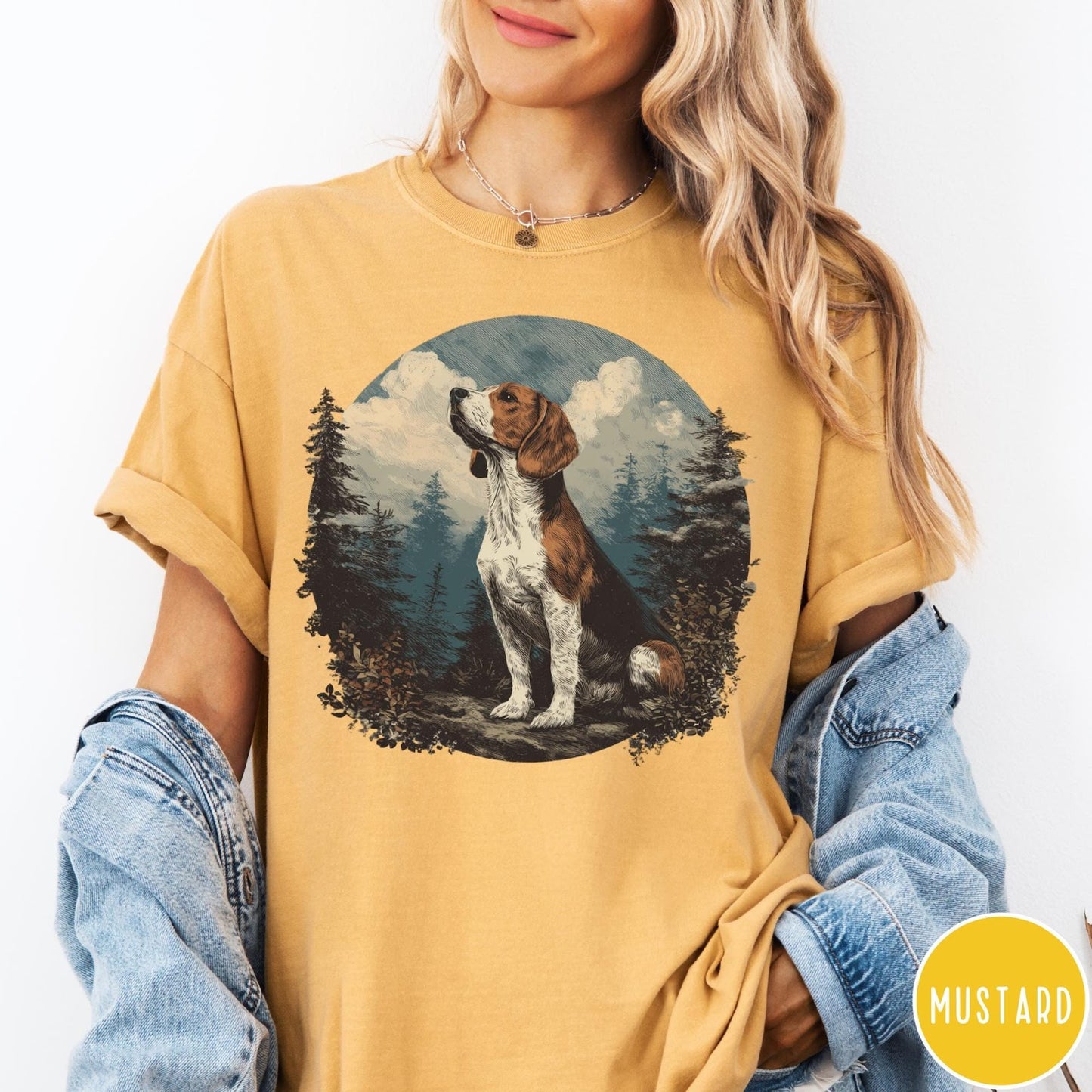 Comfort Colors tee in Mustard featuring vintage style graphic of a beagle sitting in a forest scene