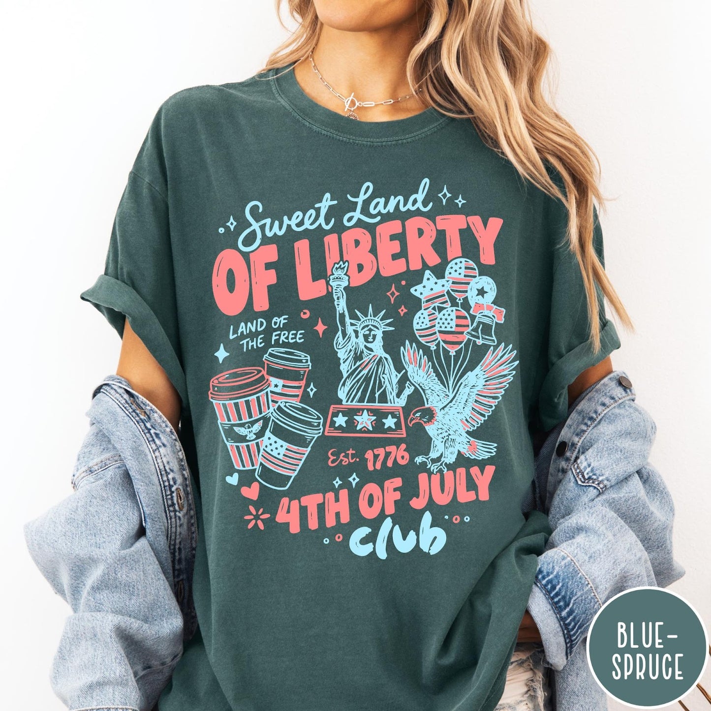 Comfort Colors tee in Blue Spruce featuring patriotic 4th of July graphic with Statue of Liberty and eagle