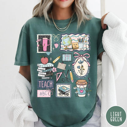 Comfort Colors tee in Light Green featuring collage style graphic with school supplies, books, and teacher life elements