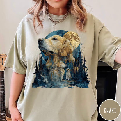 Comfort Colors tee in Khaki featuring artistic graphic design of a Golden Retriever in a moonlit forest scene