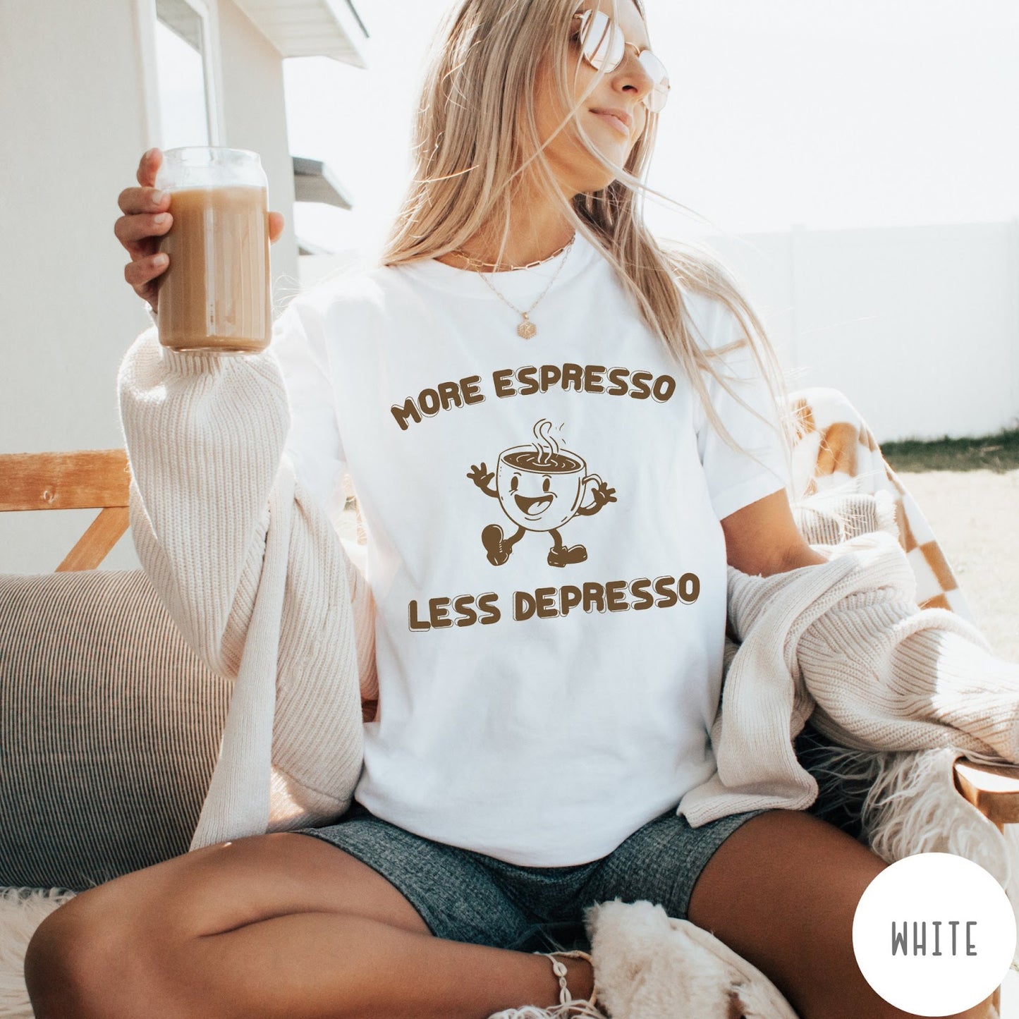 Comfort Colors tee in White featuring retro style graphic of a happy coffee cup with text
