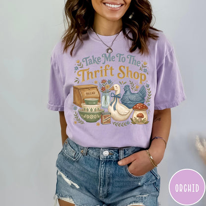 Comfort Colors tee in Orchid featuring vintage kitchenware graphic with a duck, bread box, and mushrooms.