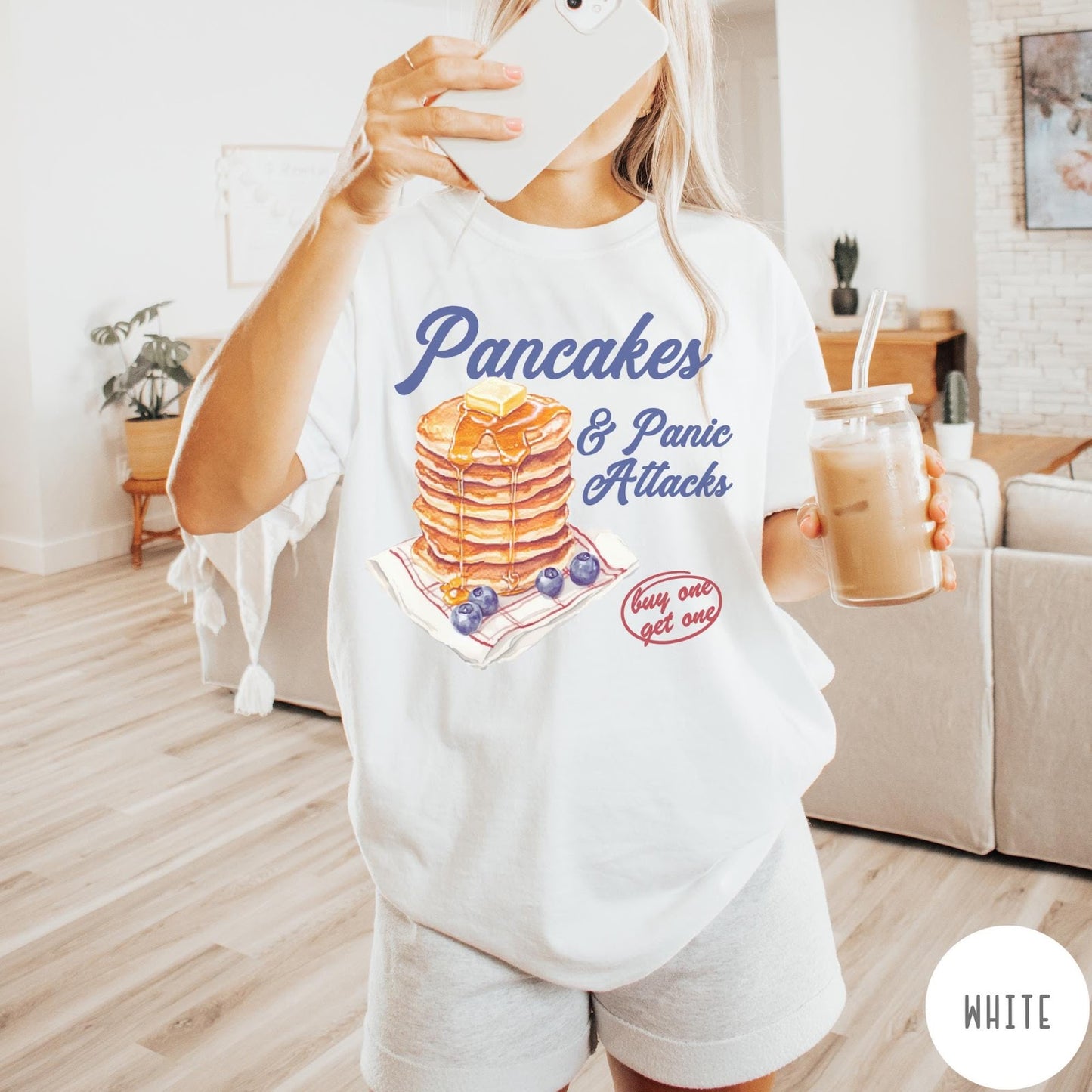 Comfort Colors tee in White featuring watercolor style graphic of a stack of pancakes with blueberries and syrup
