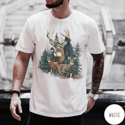 Comfort Colors tee in White featuring vintage style graphic of a deer family in a forest scene