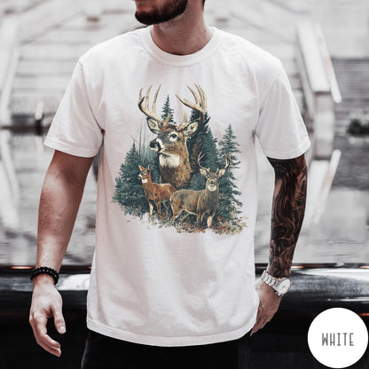 Comfort Colors tee in White featuring vintage style graphic of a deer family in a forest scene