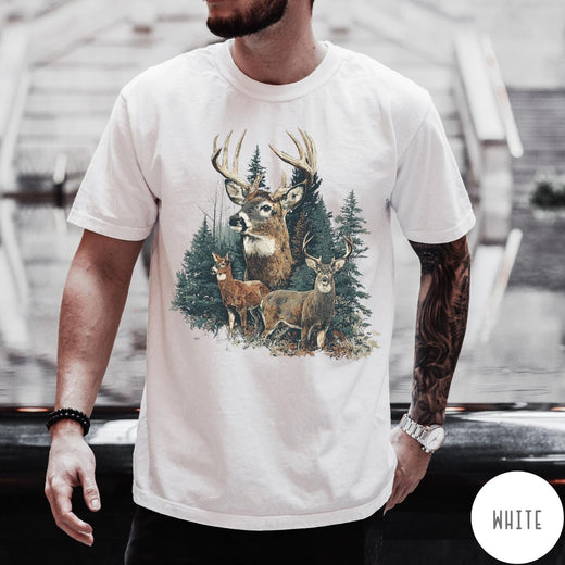 Comfort Colors tee in White featuring vintage style graphic of a deer family in a forest scene