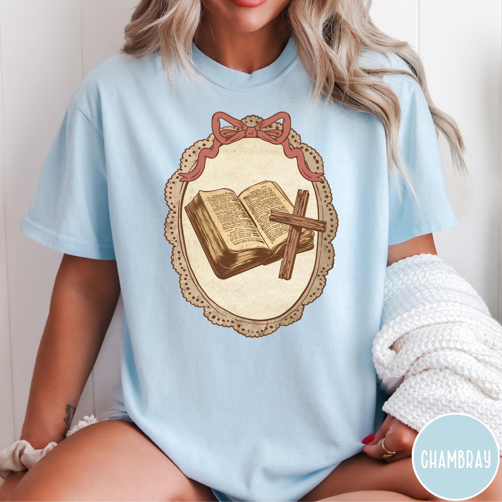 Comfort Colors tee in Chambray featuring vintage style graphic of an open Bible and wooden Christian cross.