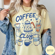 Comfort Colors tee in Butter featuring retro graphic design with coffee pots, mugs, and iced coffee
