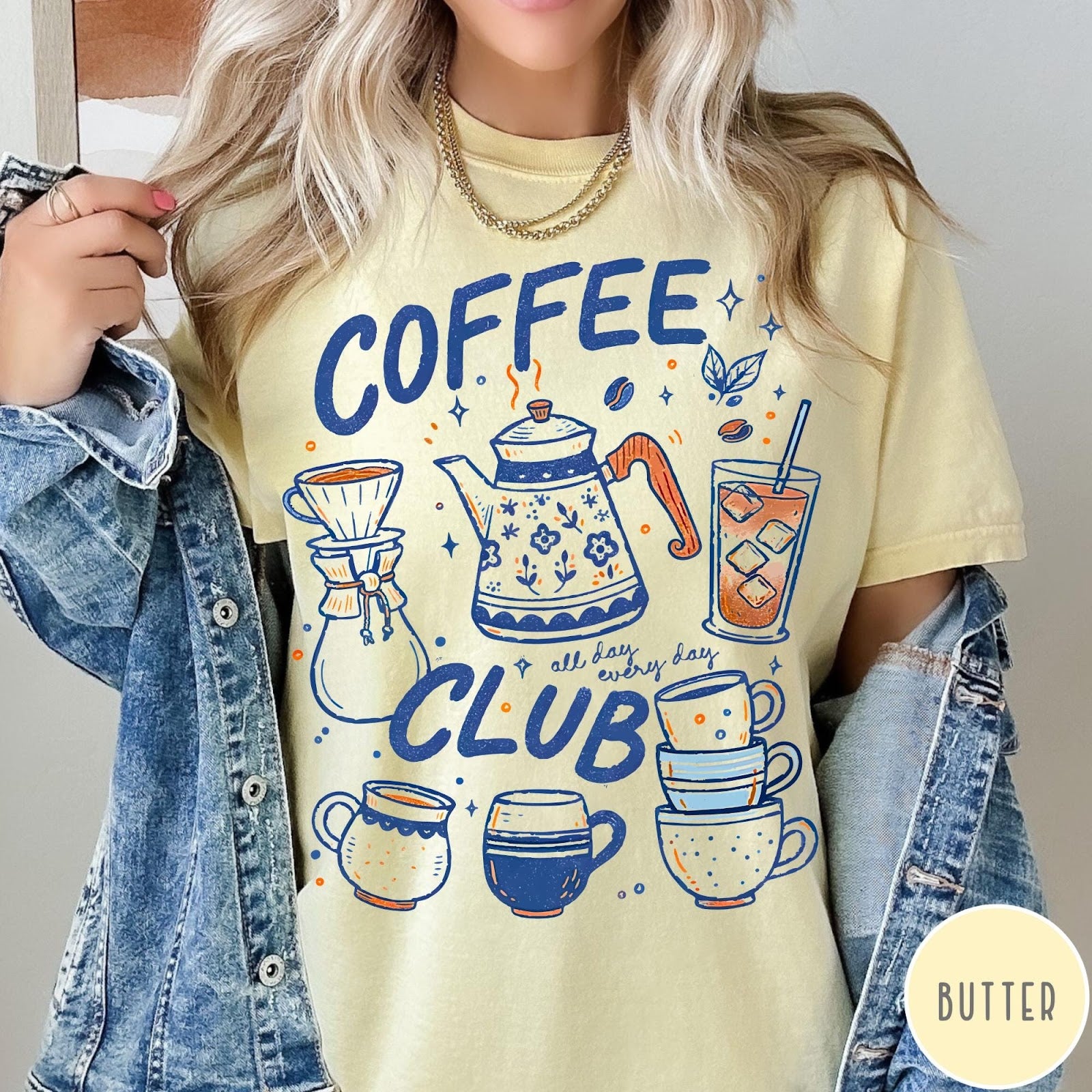 Comfort Colors tee in Butter featuring retro graphic design with coffee pots, mugs, and iced coffee