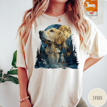 Comfort Colors tee in Ivory featuring artistic graphic design of a Golden Retriever in a moonlit forest scene