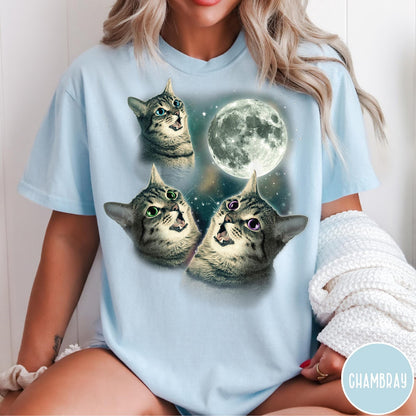 Comfort Colors tee in Chambray featuring retro style graphic of three cats looking up at the moon