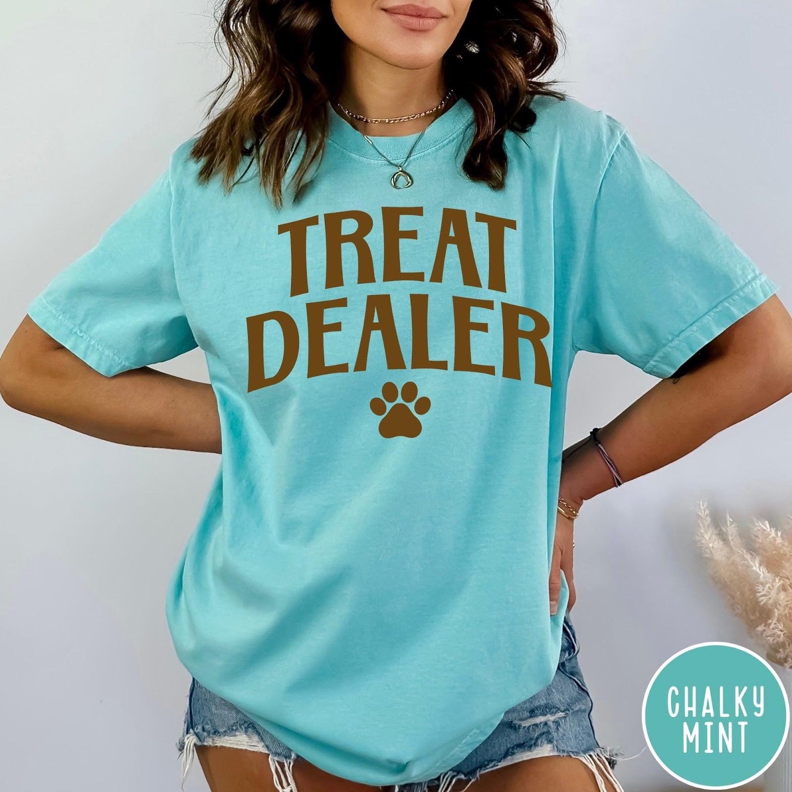 Comfort Colors tee in Chalky Mint featuring dog owner design style with Treat Dealer text and paw print