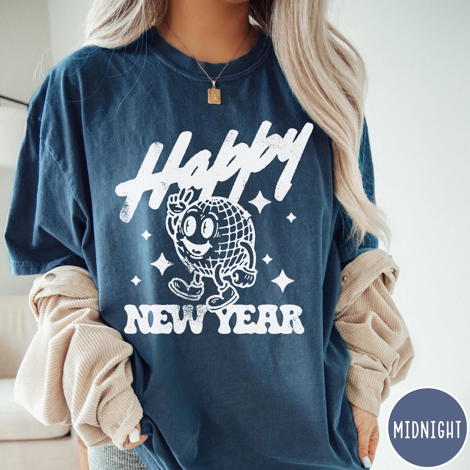 Comfort Colors tee in Midnight featuring retro disco style graphic of a happy disco ball mascot character