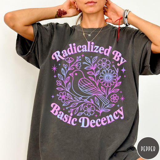 Comfort Colors tee in Pepper featuring floral design style with a bird and flowers graphic print