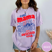 Comfort Colors tee in Orchid featuring retro style graphic with cats, yarn, and cat mama club text
