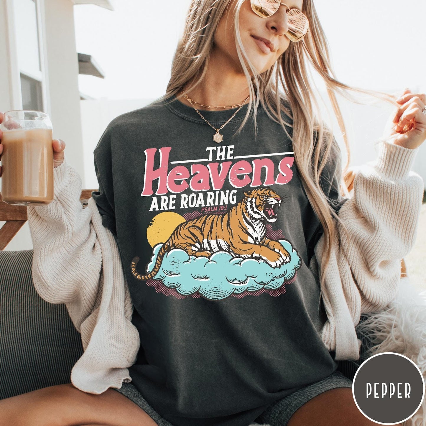 Comfort Colors tee in Pepper featuring vintage style graphic of a roaring tiger on a cloud