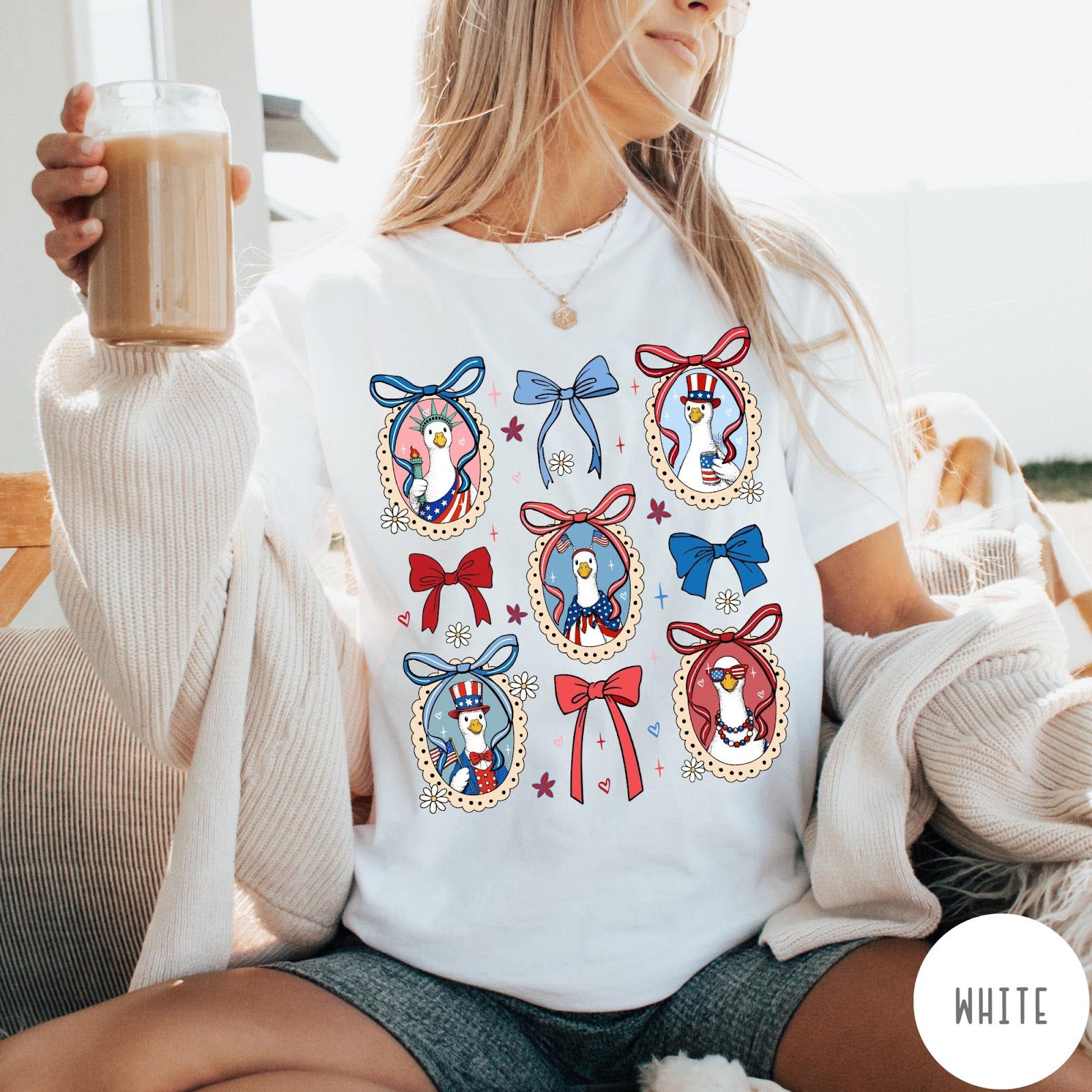 Comfort Colors tee in White featuring coquette style patriotic goose graphic with bows and floral accents
