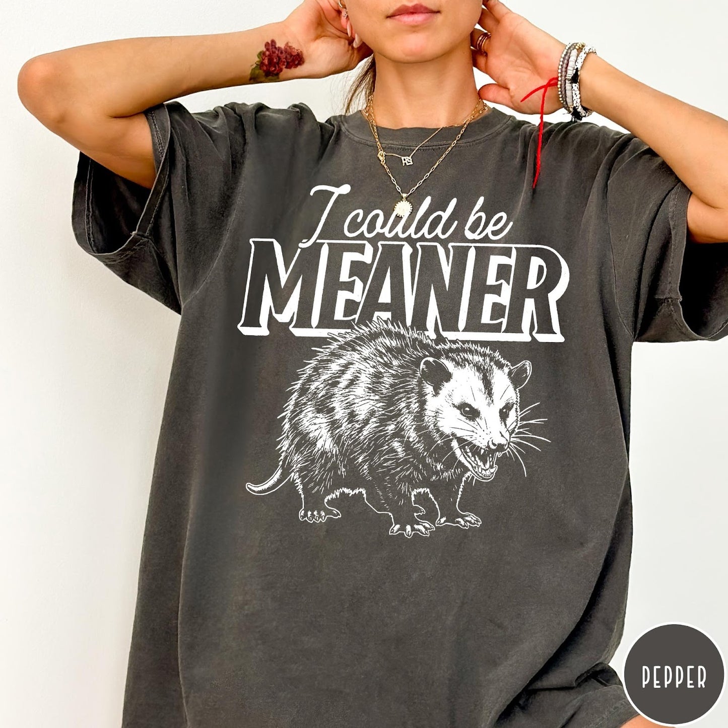 Comfort Colors tee in Pepper featuring screen printed opossum graphic with text I could be meaner