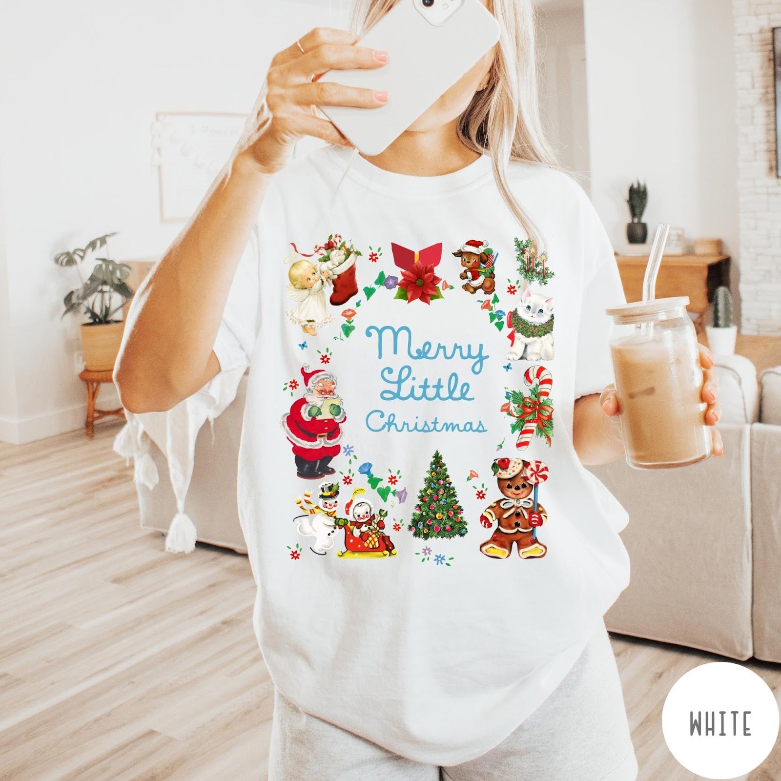 Comfort Colors tee in White featuring vintage style holiday characters including Santa, a snowman, and gingerbread man.