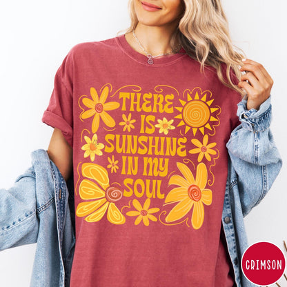 Comfort Colors tee in Crimson featuring inspirational quote design with yellow flowers and a sun graphic