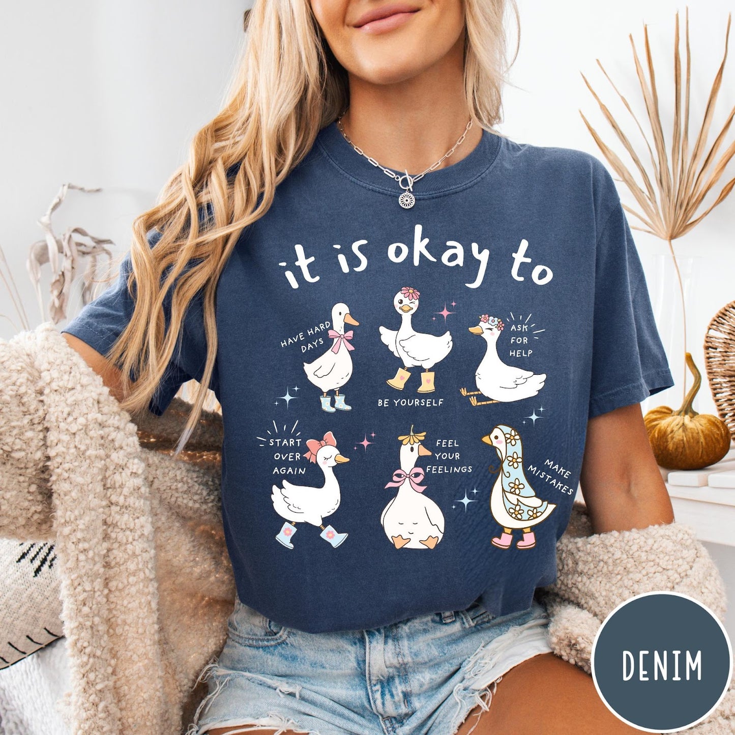 Comfort Colors tee in Denim featuring whimsical graphic style with six cute geese and motivational text phrases