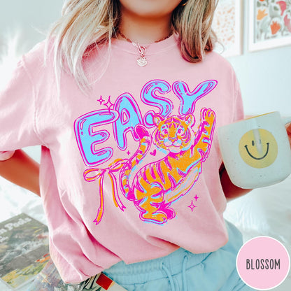 Comfort Colors tee in Blossom featuring retro style graphic of a tiger with blue and orange colors