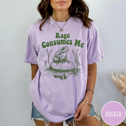Comfort Colors tee in Orchid featuring retro style graphic of a frog sitting on a rock