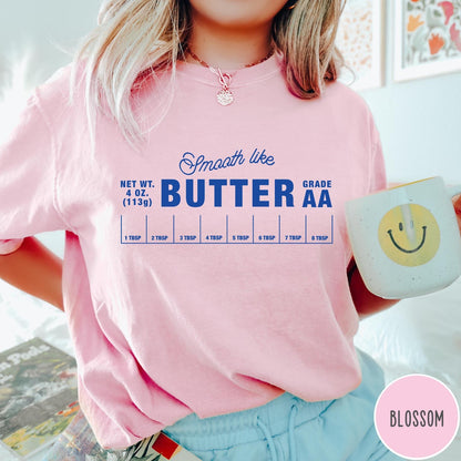 Comfort Colors tee in Blossom featuring a graphic design of a butter wrapper with measurements and text.