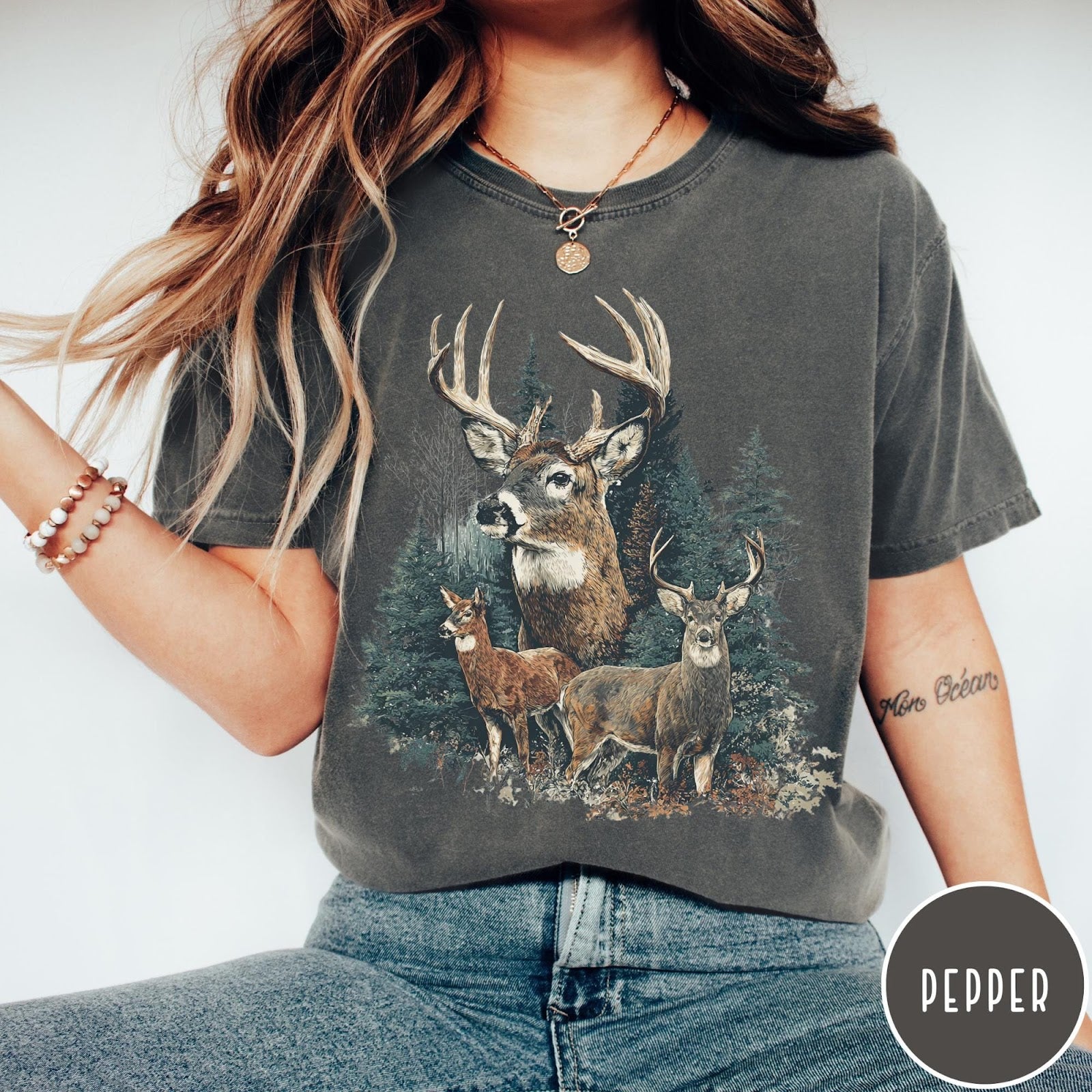 Comfort Colors tee in Pepper featuring vintage style graphic of deer in a forest