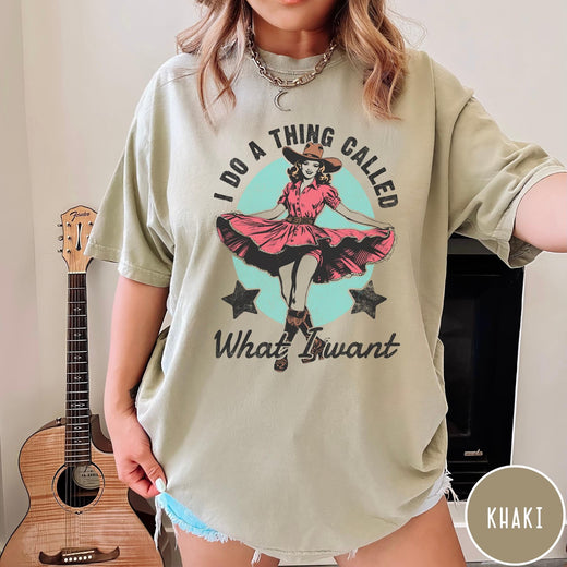 Comfort Colors tee in Khaki featuring cowgirl design style with a dancing woman in a pink dress