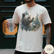 Comfort Colors tee in Ivory featuring vintage nature style graphic of two bears in a forest