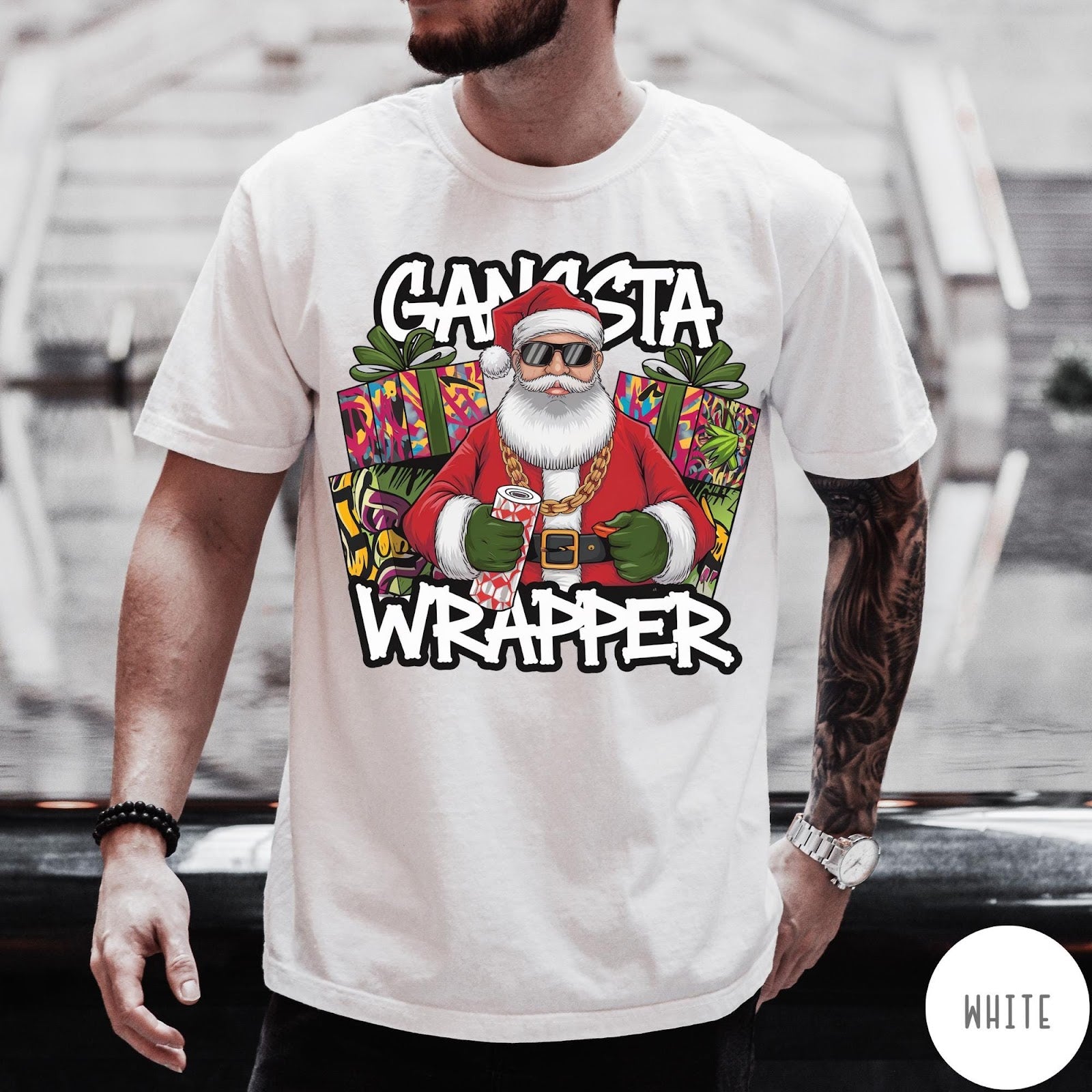 Comfort Colors tee in White featuring graphic Santa Claus wearing sunglasses and gold chain, Gangsta Wrapper text