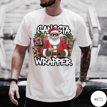 Comfort Colors tee in White featuring graphic Santa Claus wearing sunglasses and gold chain, Gangsta Wrapper text