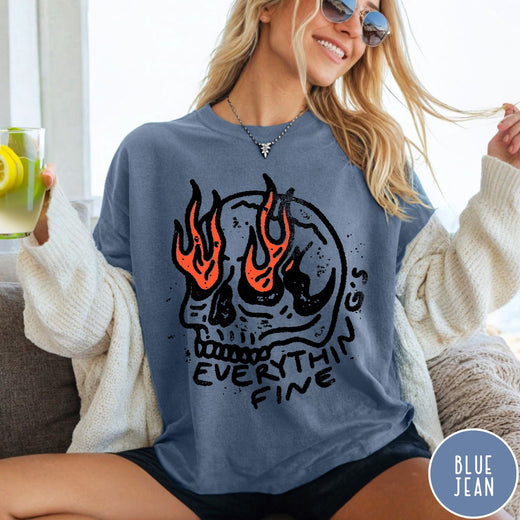Comfort Colors tee in Blue Jean featuring distressed graphic style skull with flames and Everything is Fine text