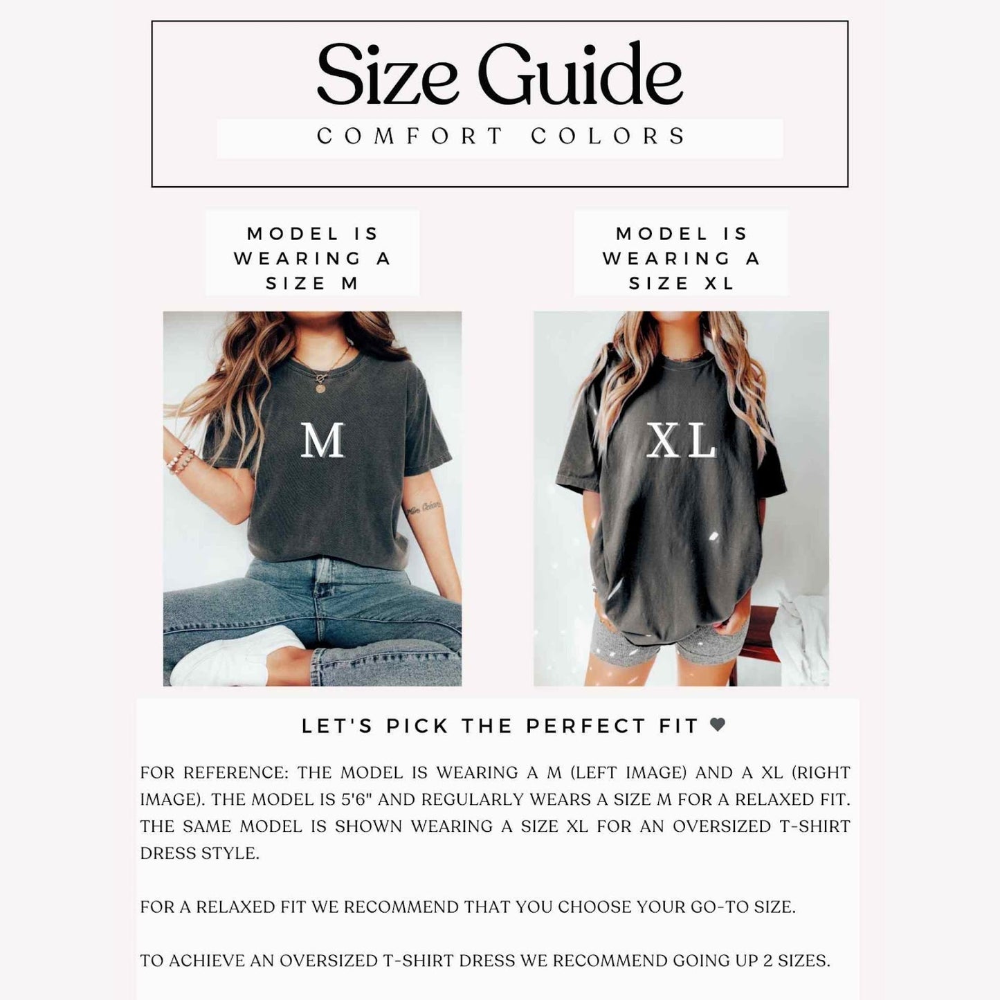 Comfort Colors tee size guide showing model fit comparison for medium and extra large sizes