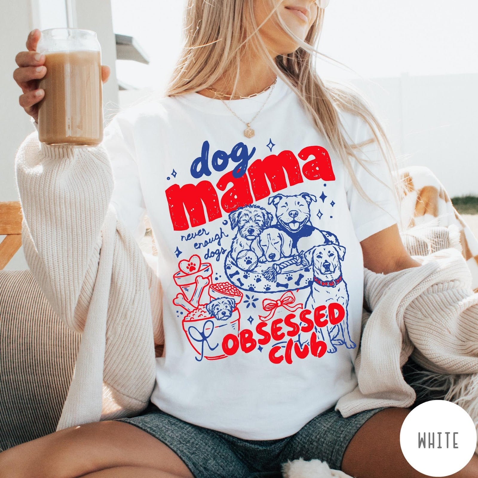 Comfort Colors tee in White featuring dog mom design with multiple dogs and red blue graphic