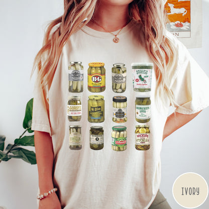Comfort Colors tee in Ivory featuring graphic design of various pickle jars arranged in a grid pattern