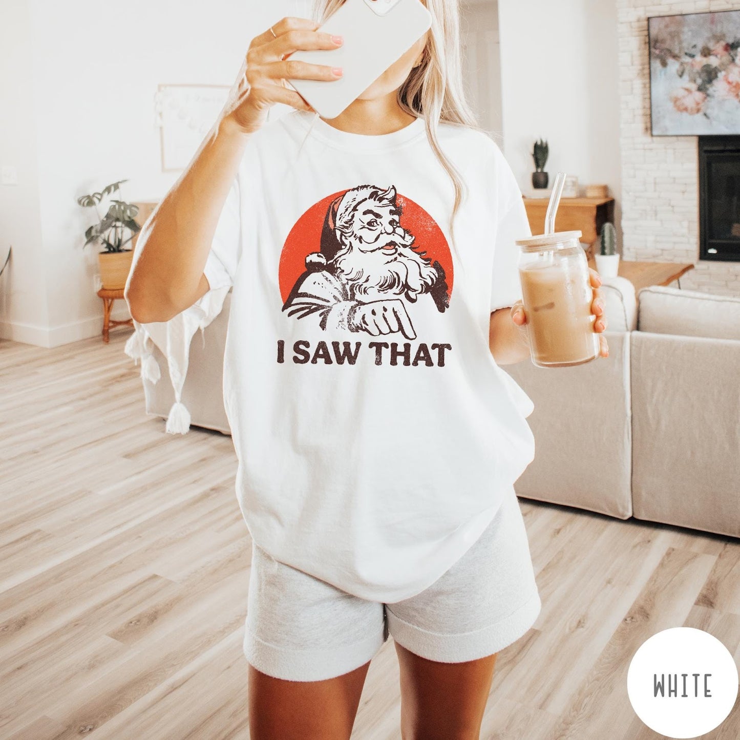 Comfort Colors tee in White featuring vintage style Santa Claus graphic with text I Saw That