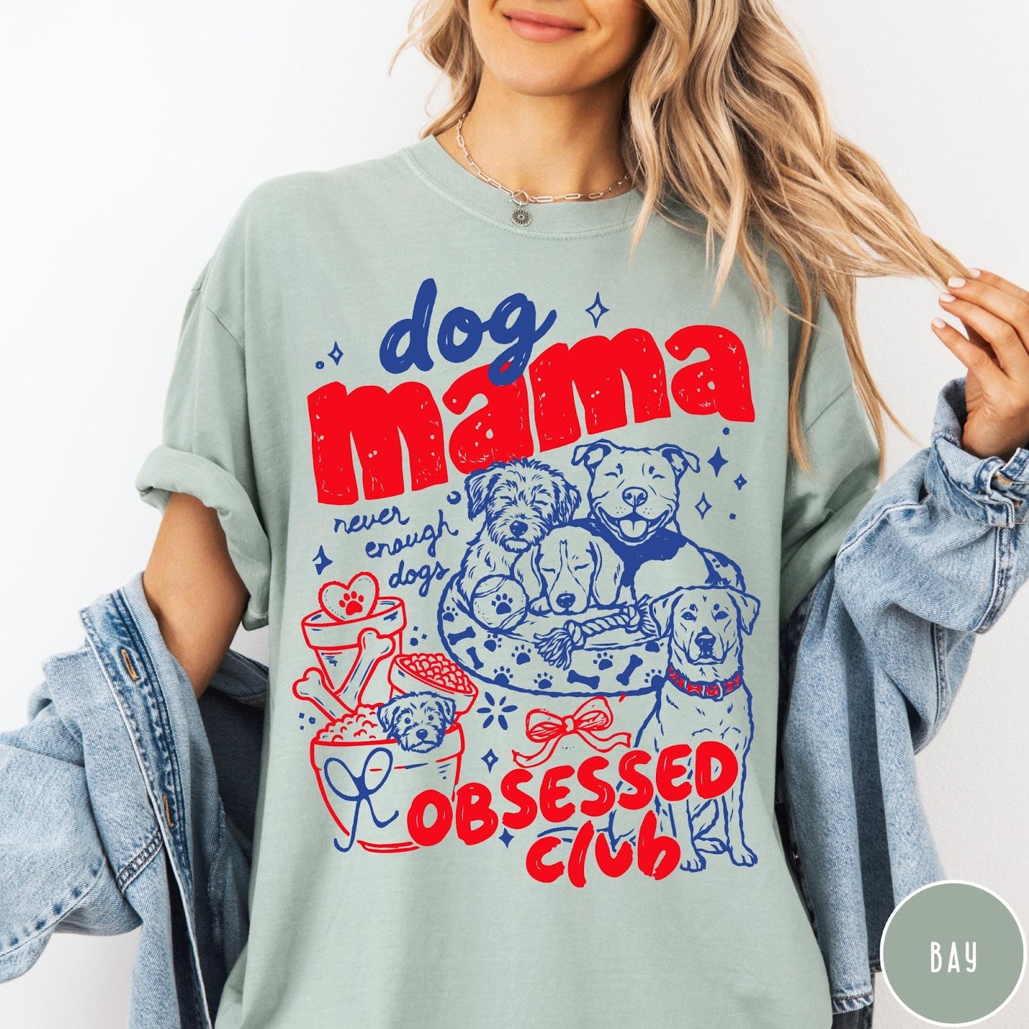 Comfort Colors tee in Bay featuring dog mom design with multiple dogs and red blue graphic
