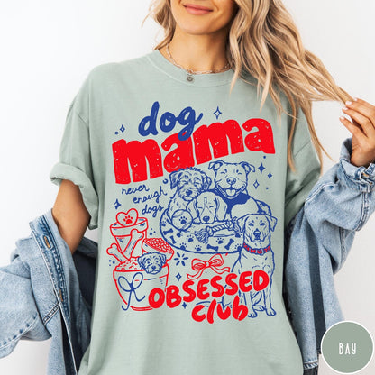 Comfort Colors tee in Bay featuring dog mom design with multiple dogs and red blue graphic