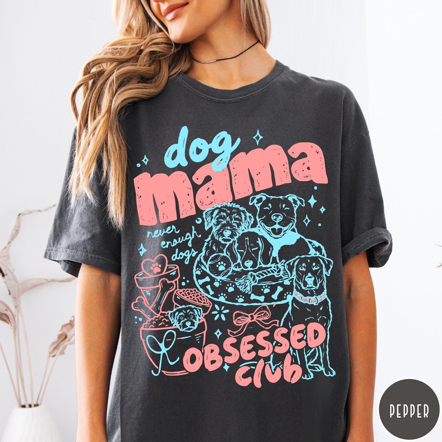 Comfort Colors tee in Pepper featuring dog mom design with multiple dogs and pink blue graphic