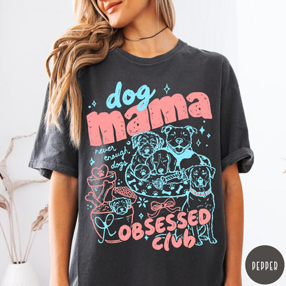 Comfort Colors tee in Pepper featuring dog mom design with multiple dogs and pink blue graphic