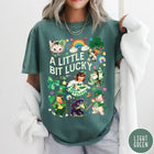 Comfort Colors tee in Light Green featuring St. Patrick's Day collage with vintage characters and lucky symbols