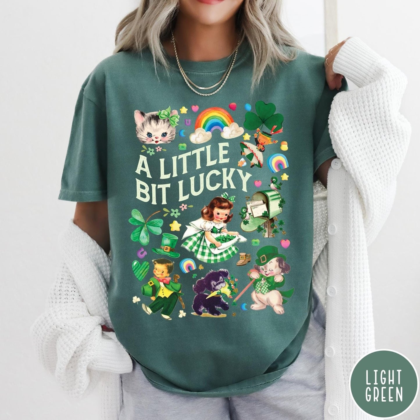Comfort Colors tee in Light Green featuring St. Patrick's Day collage with vintage characters and lucky symbols